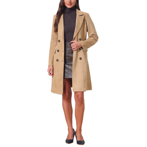 INSPIRE CHIC Abrigo de Trinchera de Mujer de Imitación de Gamuza con Solapa Entallada, Doble Botonadura, Abrigo de Media Longitud para Otoño e Invierno con Cinturón Talla L Caqui