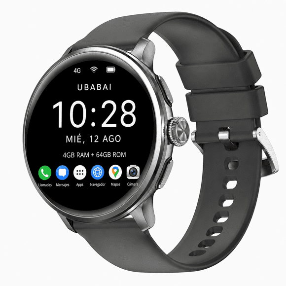 UBABAI Reloj Inteligente Android 10 con SIM 4G LTE AMOLED 1.6", GPS, Wi-Fi, Cámara 2 MP, 4GB+64 GB