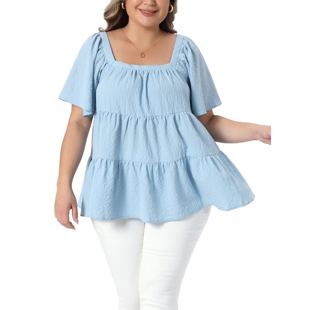 Agnes Orinda Blusas de Mujer Talla Grande para Escuela Colegio Pascua Tops Texturizados Cuello Cuadrado Manga Corta Flowy Swing Peplum Verano Casual Babydoll 3X Azul Claro