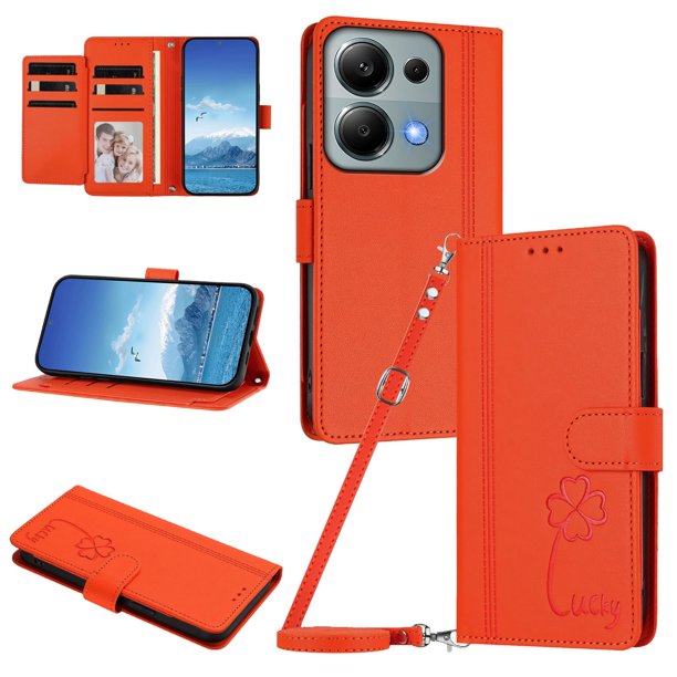 Funda Cartera Trébol para Xiaomi Redmi Note 13 Pro 4G con Ranuras Tarjetas y Carga Inalámbrica Naranja