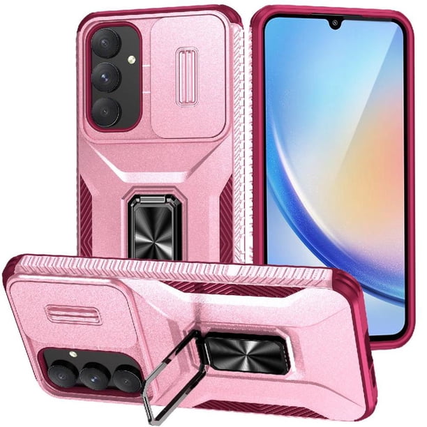 Funda Armada para Samsung Galaxy A35 5G con Tapa Deslizante y Soporte Magnético Giratorio Rosa