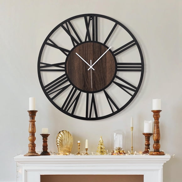 Reloj de pared LEIKE, grande, retro, redondo, de madera, 80 cm, negro silencioso
