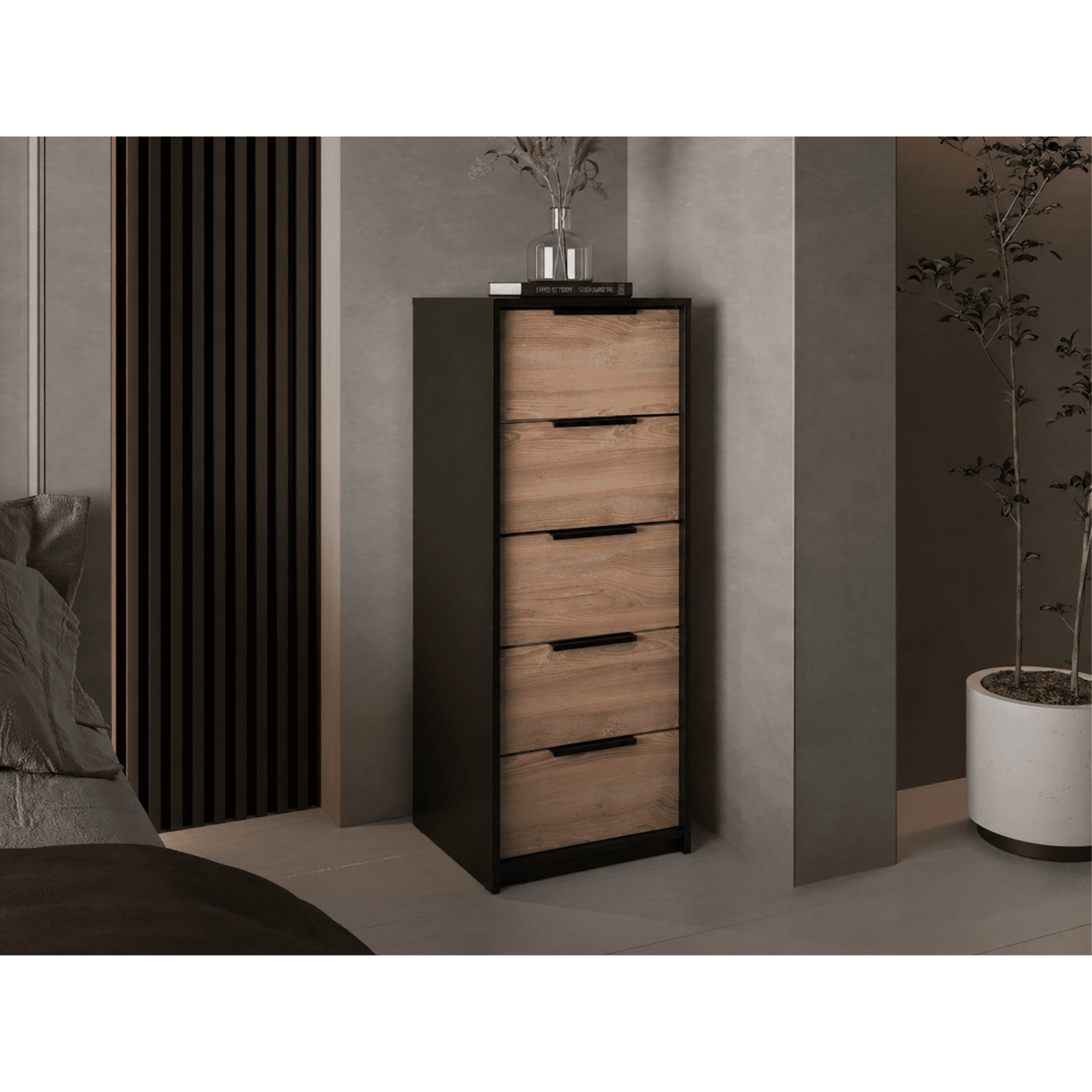 Tuhome - Cómoda Alta Kaia 5 Cajones Wengue Y Miel 107x45x41 Cm - Muebles Organizadores
