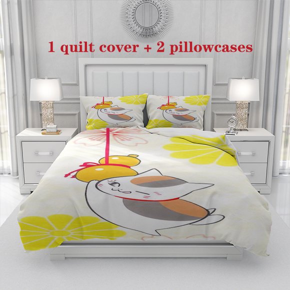 3pcs Xia Mu's Cat Themed Spring Scenery Bedding Set with Multi Color Print Ideal for All Seasons \u2013 Includes 1 Duvet Cover & 2 Pillowcases (No Filling)