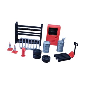 Magideal - 1/64 Diorama Garaje Cosas Maqueta Taller Muebles Neumáticos Bidones De Aceite Exhibición Escena Modelo Estante Miniatura Reparación Herramientas Set