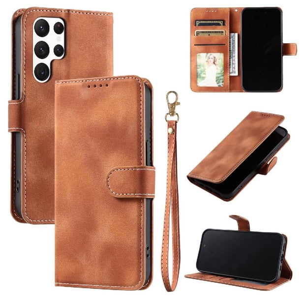 Funda Cartera para Samsung Galaxy S23 Ultra Tapa con Ranuras, Soporte y Correa Marrón