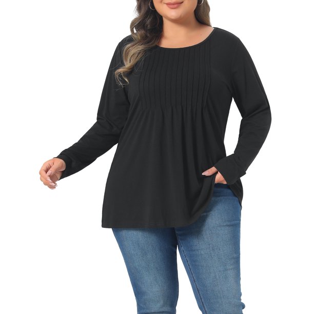 Agnes Orinda Disfraces de Halloween para Mujeres Talla Grande Camiseta con Cuello Redondo Plisado de Manga Larga Blusa Suave y Casual 3X Negro