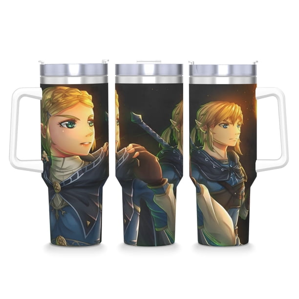 La Leyenda de Link: Breath Vaso aislado de acero inoxidable con asa, diseño temático, regalo para familia, amigos y fans; incluye pajita y encaja en el portavasos estándar, 40 oz