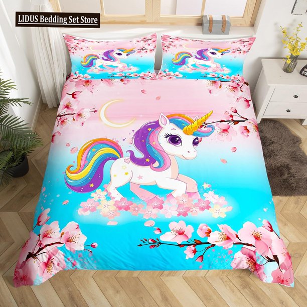 x2520 Bed SheetsUnicorn Duvet Cover Set Cartoon Galaxy Rainbow Colourful Unicorn Cute Romantic Theme For Kids Girls Polyester Comforter Cover 3-Piece Bedding Set (1 Duvet Cover + 2 Pillow Shams) nj252