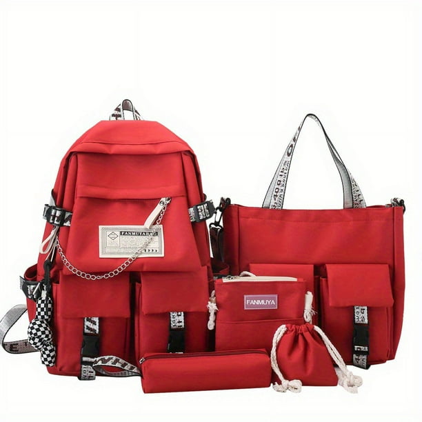School Bag Female Primary School Students Travel Backpack Men Junior High School High School Students Korean Ins Tide Brand Large Capacity Casual Backpack Five-piece Set