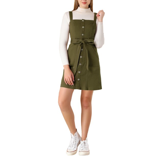 INSPIRE CHIC Vestido de Mujer con Tirantes Ajustables Línea A Jeans Vuelta al Colegio Denim Primavera Verano M Verde Militar