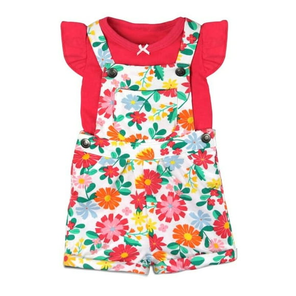 Conjunto Jardinera + Polera Bebes - Niña 9M Floreado con polera roja