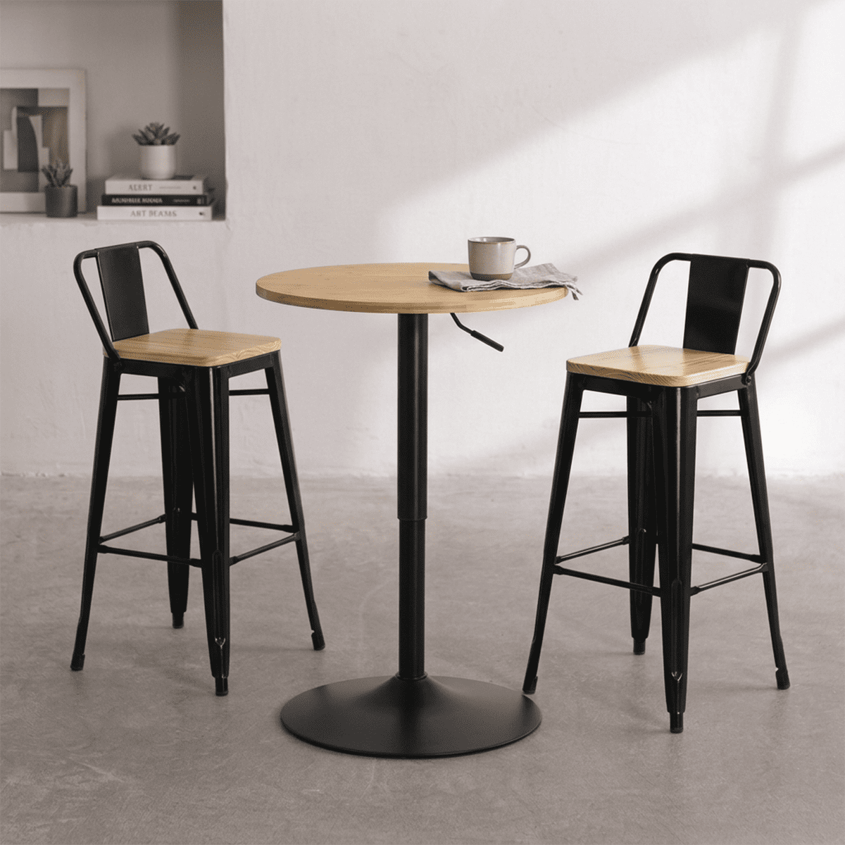 Venhoouse - Set Mesa Lorven Madera Clara Altura Ajustable Diámetro 60cm Con 2 Taburetes Tolix Madera Clara