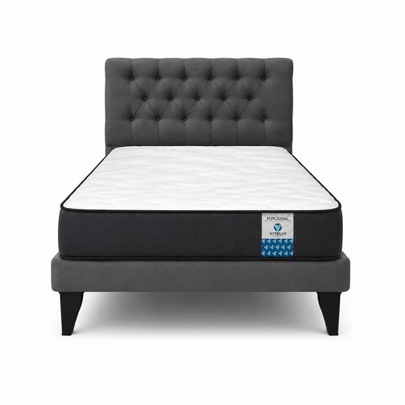 Cama 1.5 Plaza Gris Oscuro Capitone + Colchón Ortopedico