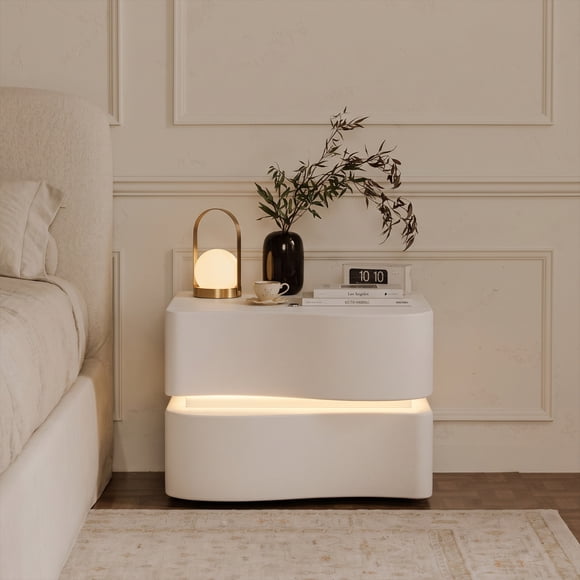 Velador Doble Cajón Con Luz Led Crema