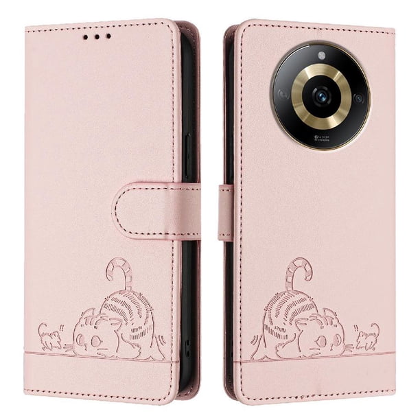 Funda tipo cartera FOXDOCK para Realme 11 4G con soporte, ranuras, RFID, diseño de gato