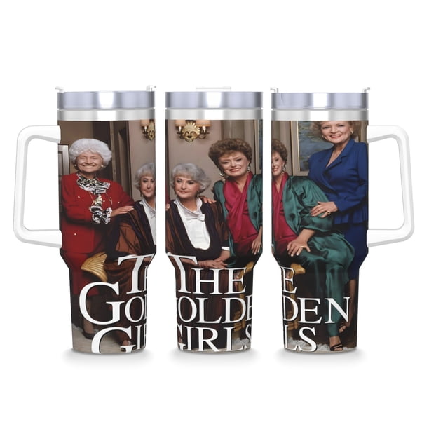 Las Chicas de Oro Vaso aislado de acero inoxidable con asa, diseño temático, regalo para familia, amigos y fans; incluye pajita y encaja en el portavasos estándar, 40 oz