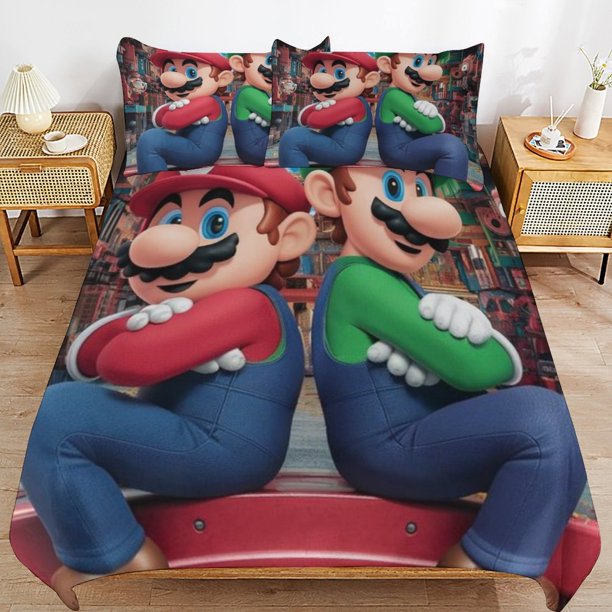 Super Mario 3-Piece Comforter Set for Bedroom Super Mario Bedding Set for Kids Adults Soft Microfiber Duvet Cover Set with Zipper Closure
