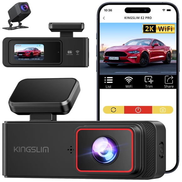 Cámara de tablero inalámbrica Kingslim E2 Pro 2K frontal y trasera con WiFi, pantalla de 1.5"