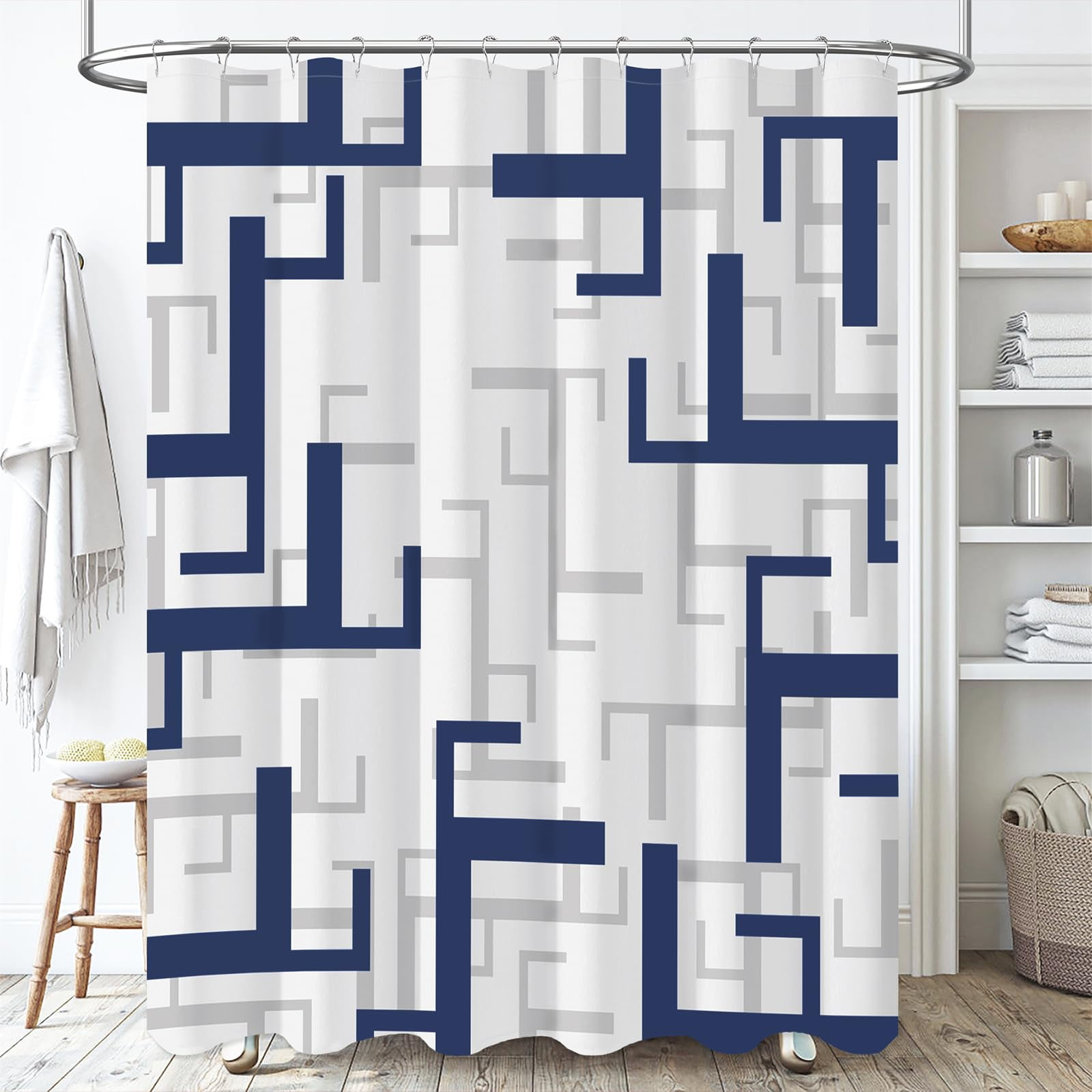 Cortina De Ducha Bttn Azul Marino Geométrica 183x183 Cm