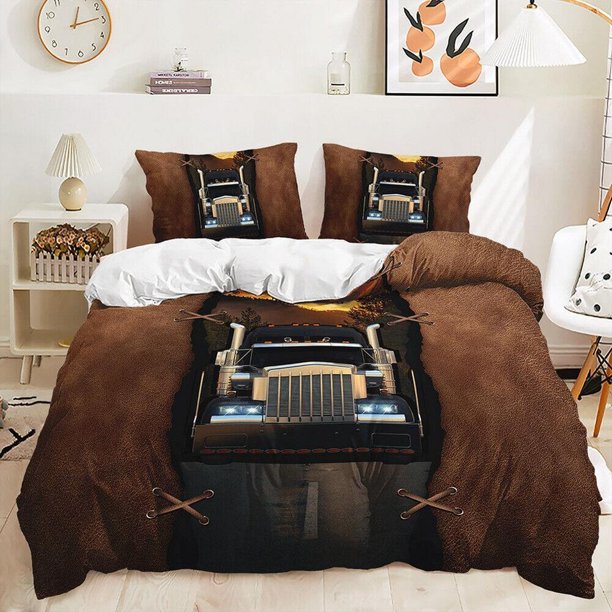Truck Brown Coffee Color Print Quilt Duvet Cover Set Doona Cover Kids3-Piece Bedding Set