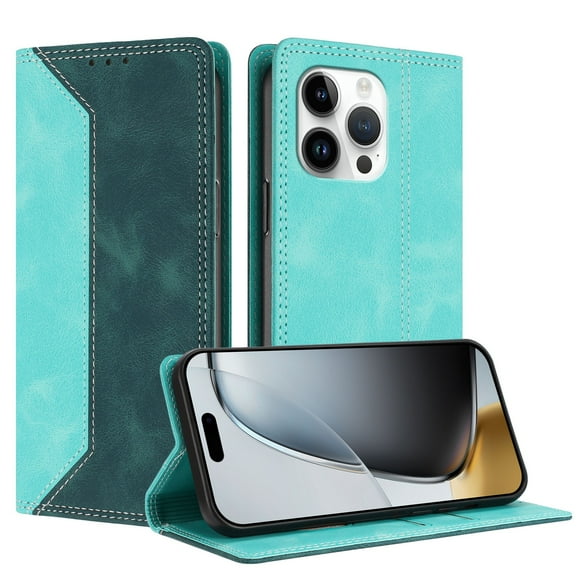 Funda FOXDOCK para iPhone 15 Pro Max de Cuero Premium Bicolor con Ranuras RFID, Carcasa Tipo Billetera Antigolpes y Soporte Plegable