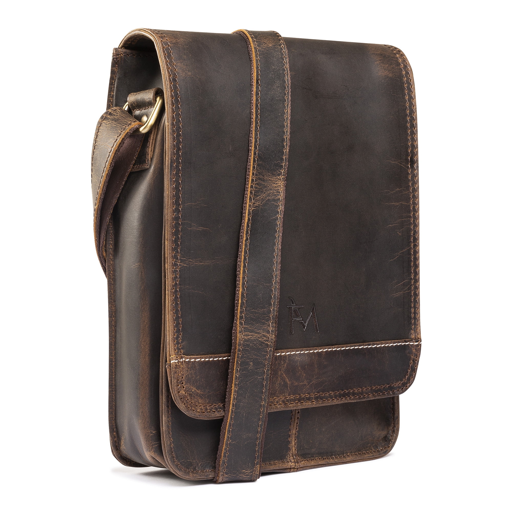 Bolso Bandolera De Cuero Natural, Café Oscuro Vintage. Franz Mossi