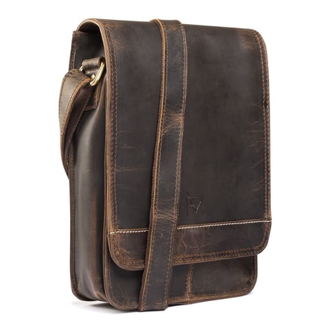 Bolso Bandolera De Cuero Natural, Café Oscuro Vintage. Franz Mossi