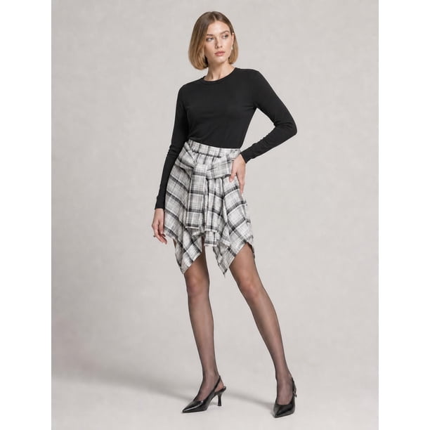 Falda Asimetrica Cuadrillé Para Mujer Estilo Casual Fiesta gris Talla Única