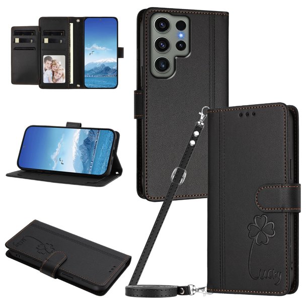 Funda Cartera Trébol para Samsung Galaxy S23 Ultra con Ranuras Tarjetas y Carga Inalámbrica Negro