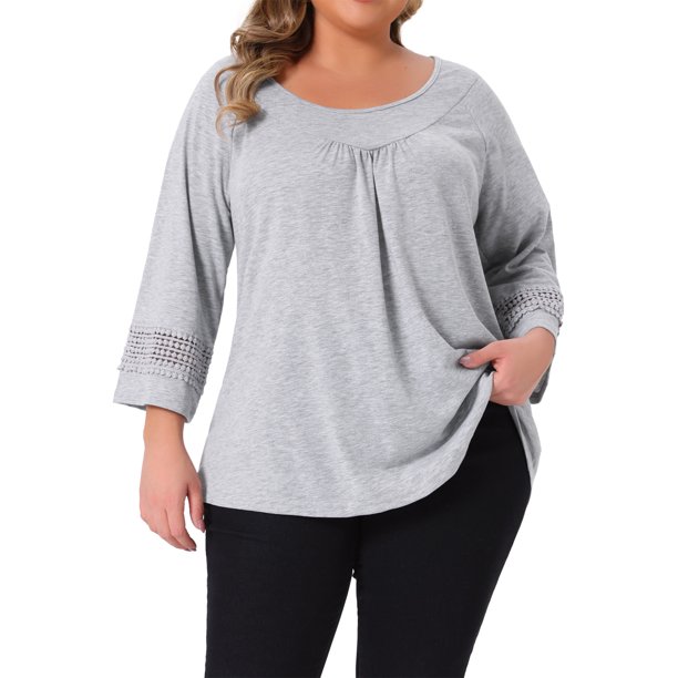 Agnes Orinda Blusas Casuales de Túnica con Panel de Crochet de Manga Larga para Mujer de Talla Grande, con Pliegues y Detalles Huecos, 2X Gris