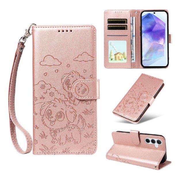 Funda Cartera para Samsung Galaxy A55 Perro Cachorro Grabado con Tarjetas Soporte Correa Rosa