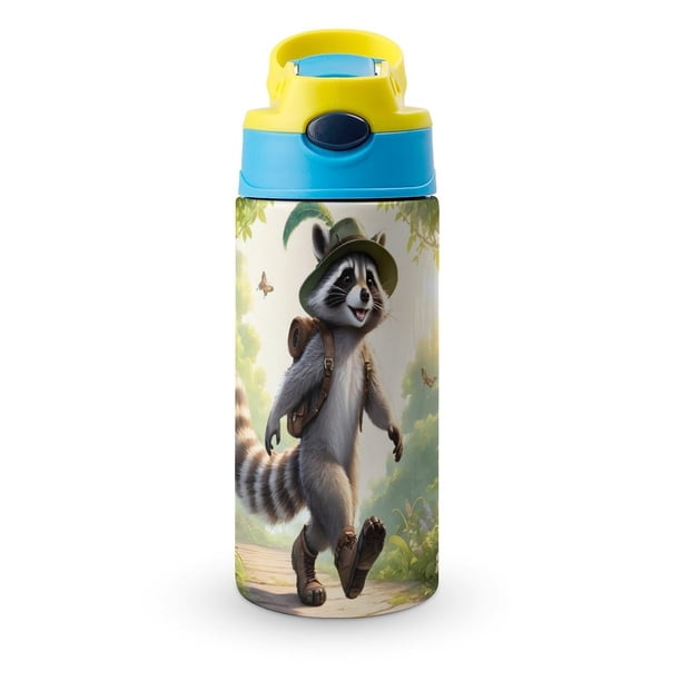Mapache Botella de Agua con Tapa Pop Top de Un Toque, Acero Inoxidable, a Prueba de Fugas, para Deportes, Botella Infantil azul 12 oz