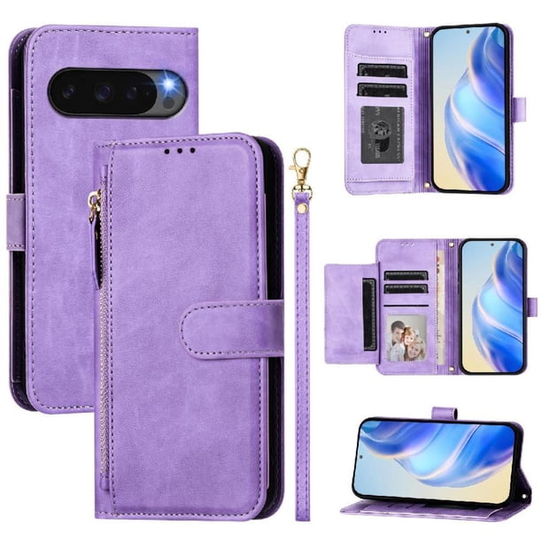 Funda Billetera Cremallera para Google Pixel 10 Pro XL 5G con Porta Tarjetas, Soporte y Correa Morado