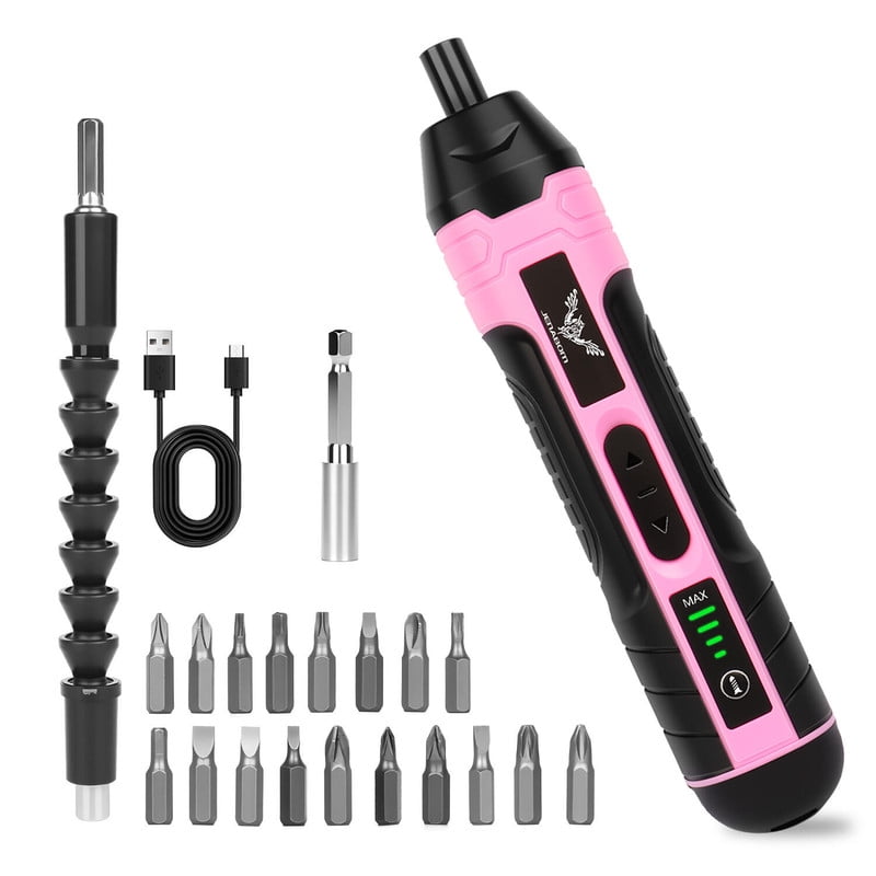 Jenabom - Juego De Destornilladores Eléctricos De Color Rosa, Incluye 21 Accesorios, Luz Led, Destornillador Recto Inalámbrico Recargable De 3,6 V, Adecuado Para Reparaciones Y Mantenimiento Del Hogar.