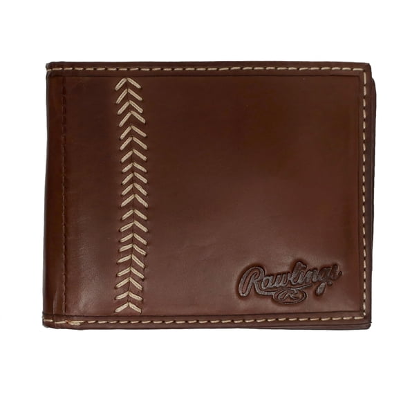 Billetera Rawlings con puntadas de béisbol, piel doblada, color chocolate