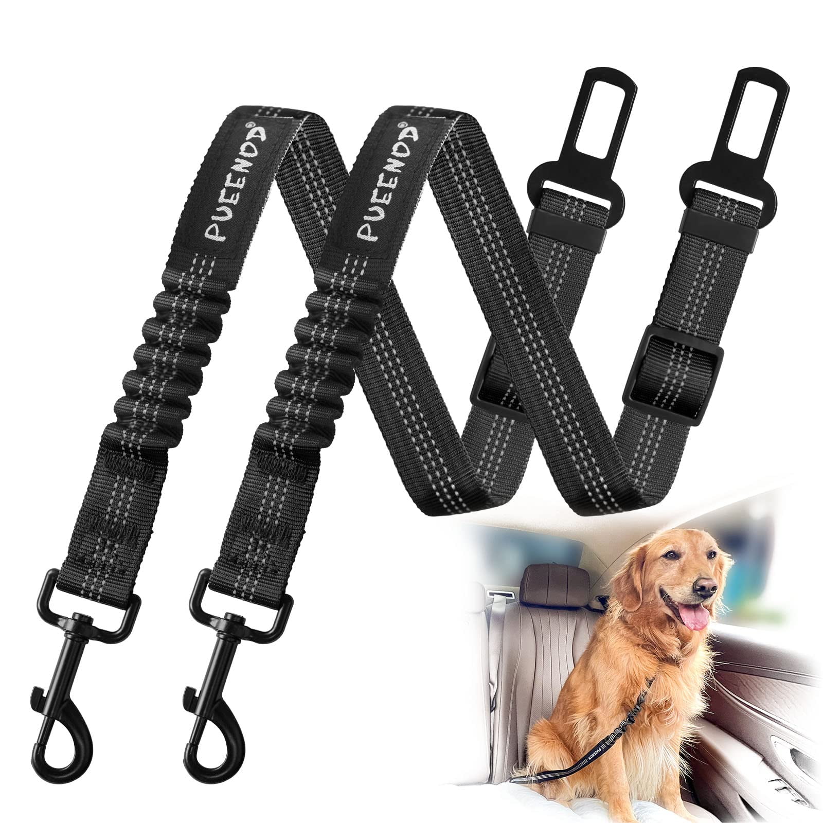 Cinturón De Seguridad Para Perros Pueenod Ajustable De Nailon Reflectante, Paquete De 2