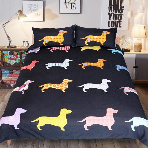 Sausage Dog Duvet Cover, Dory Dachshund Cute Black Quilt Cover Bedding Set3-Piece Bedding Set (1 Duvet Cover + 2 Pillow Shams)