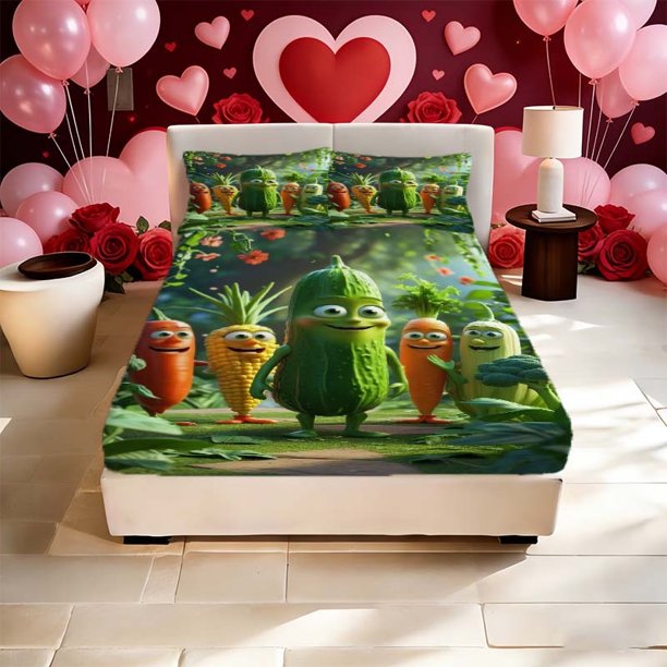 Anthropomorphic Vegetables Printed Fitted Sheet Theme Fitted Sheet Fitted Sheet Pillowcase Set Soft Comfortable Suitable for Home A