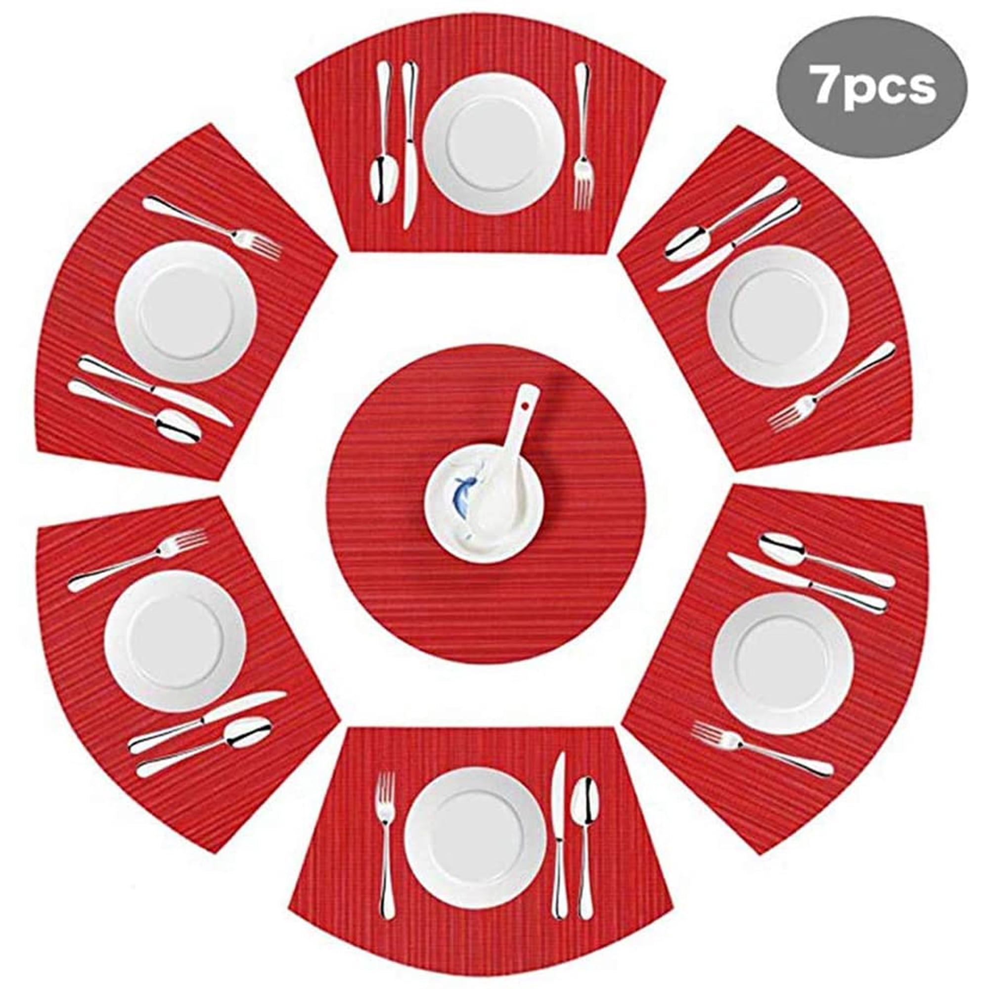 Xmhytop Set De 7 Mantelitos Individuales Redondos En Formato Cuña, Con Diseño Central Para Centro De Mesa, Tapetes Termorresistentes Y Lavables, Rojo