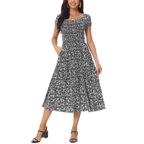Vestido Floral Casual para Mujer INSPIRE CHIC con Bolsillos Cuello Redondo Manga Corta Boho Flowy Midi Vestidos S Negro