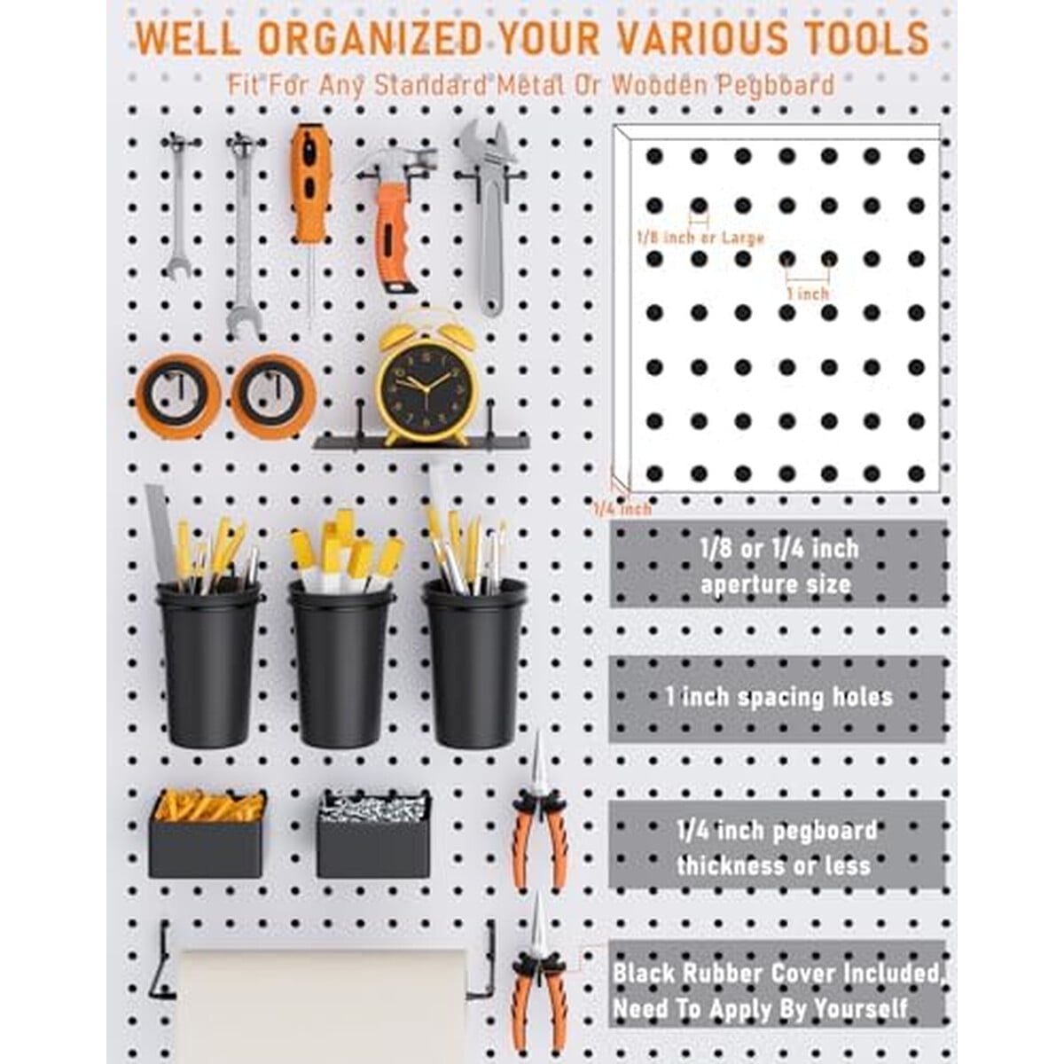 Kit Organizador Pegboard Incly 30 Piezas Ganchos Acero Canastas Xl