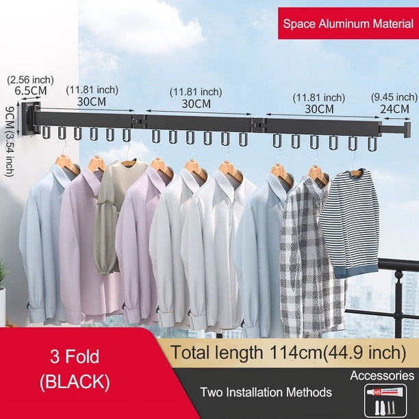 1pc Aluminum Alloy Folding Drying Rack, Clothes Drying Rack, Foldable Telescopic Drying Rack, Wall-mounted Collapsible Drying Rack, Space Saver Clothes Rack With Hooks, For Balcony, Laundry, Bathroom
