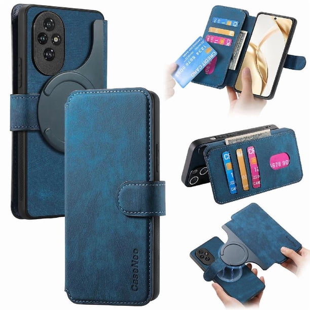 Funda Billetera Magnética para Honor 200 Soporte Tarjetas Desmontable Azul