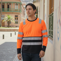 T-World - Polera Alta Visibilidad Bicolor Reflectante Ml Cuello Redondo Naranjo Gris