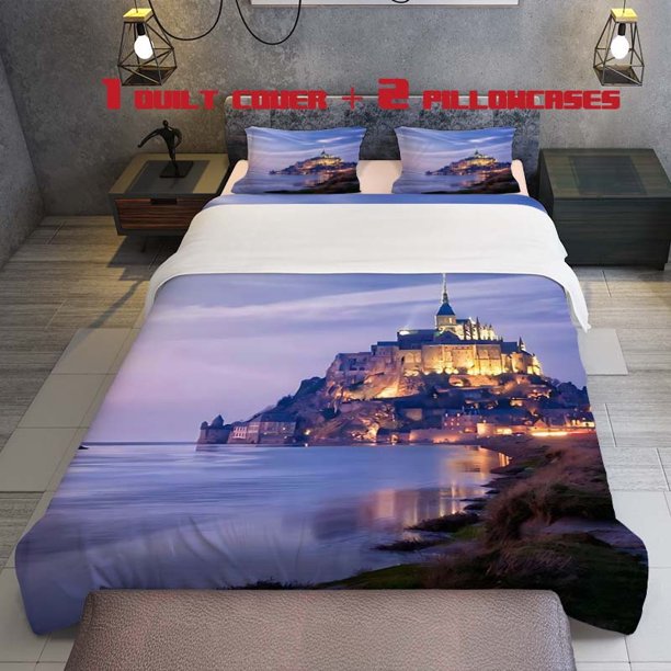 3pcs Mont Saint Michel Night Light Reflection Themed Bedding Set Duvet Cover and Pillowcases with Multicolor Print for All Seasons