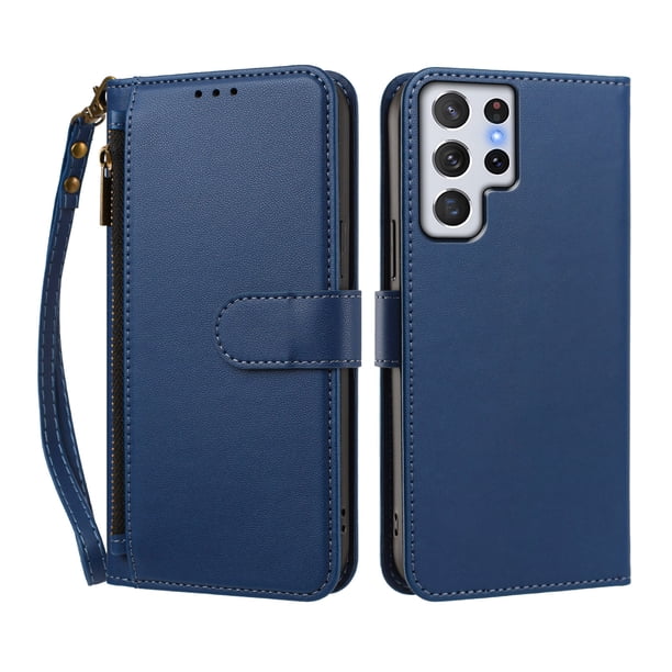 Funda Tipo Billetera para samsung galaxy S22 Ultra con Soporte y Bolsillo con Cierre Azul profundo