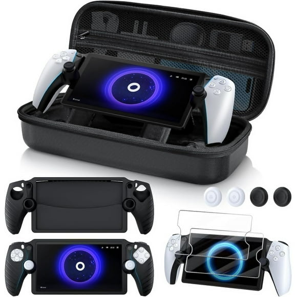 8 en 1 Paquete de accesorios para PS Portal - Incluye funda de transporte de EVA, cubierta protectora de silicona, 2 protectores de pantalla y 4 agarres para los pulgares-Negro