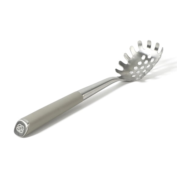 Calphalon Edge Servidor de Pasta, Cucharón de Acero Inoxidable con Mango de Goma de Silicona, Resistente al Calor y Seguro para Sartenes Antiadherentes, Color Topo