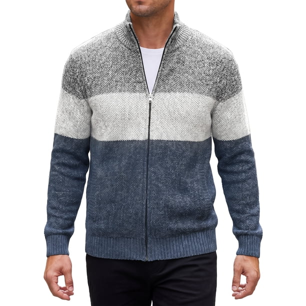 INSPIRE CHIC Chaquetas de Suéter para Hombre Cuello Alto Rayas en Contraste Chaqueta de Suéter M Gris Azul Marino